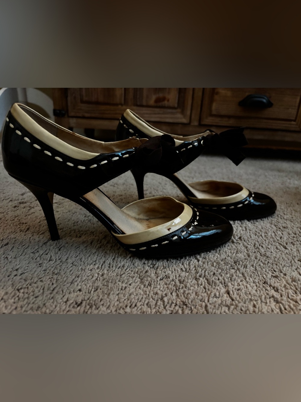 Anne Klein Black Patent Heeled Mary Janes with Cream Trim